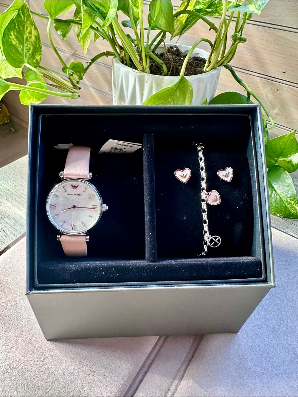 Emporio Armani Pink Leather Watch with Heart Charm Bracelet & Earrings